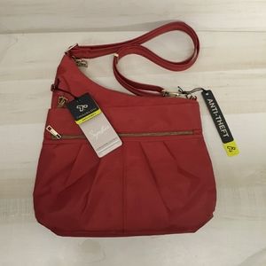 Travelon Anti Theft Signature Crossbody Bag #42373 RFID Blocking Dark Red